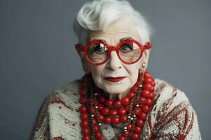 ai generato alla moda vecchio donna rosso modello elegante. creare ai foto