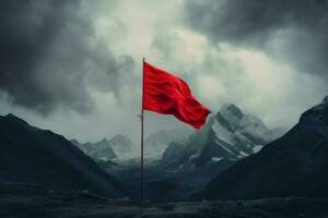 ai generato rosso bandiera su nebbioso montagna collina roccia. creare ai foto
