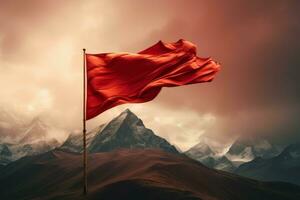 ai generato rosso bandiera su nebbioso montagna. creare ai foto
