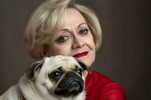 ai generato donna ritratto 50 anni vecchio con cane. creare ai foto