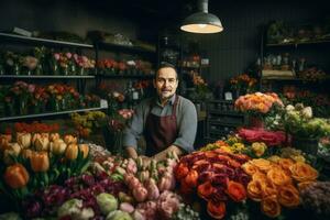 ai generato fioraio uomo nel floreale negozio. creare ai foto