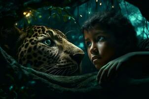 ai generato buio giungla scena di impaurito ragazzo con leopardo animale. creare ai foto