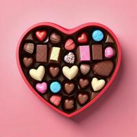 ai generato un' 3d cuore sagomato scatola con cioccolatini su isolato rosa sfondo. generato con ai foto