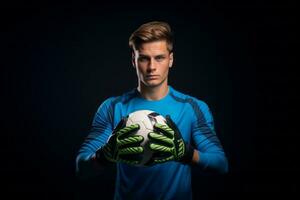 ai generato studio foto di un' portiere con calcio guanti Tenere un' calcio bal