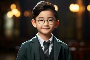 ai generato asiatico elementare scuola ragazzo indossare bicchieri foto