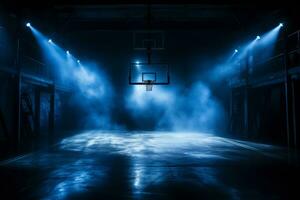ai generato pallacanestro Tribunale con drammatico fulmine e Fumo foto