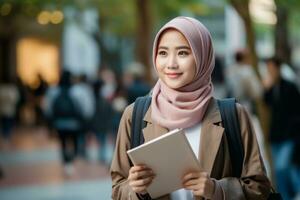 ai generato un' istantanea di un asiatico musulmano studenti radiante ritratto foto