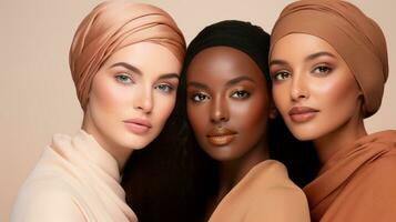 ai generato il ricchezza di varia pelle tipi e colori come tre donne foto