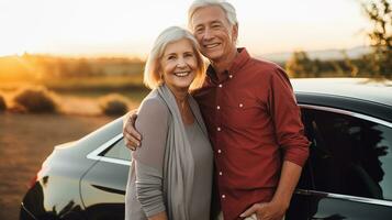 ai generato pensionato coppia sorridente per telecamera a tramonto di loro auto foto