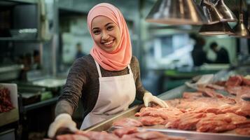 ai generato musulmano macellaio nel il mercato lei è guardare a telecamera sorridente foto