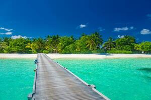 estate vacanza su un' tropicale isola Hotel ricorrere con bellissimo spiaggia e palma alberi, molo molo sentiero Paradiso paesaggio. idilliaco turismo rilassante Visualizza. viaggio vacanza esotico natura destinazione foto