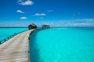 Maldive Paradiso isola. tropicale aereo paesaggio, paesaggio marino lungo molo molo acqua ville. sorprendente mare cielo soleggiato laguna spiaggia, tropicale natura. esotico turismo destinazione popolare estate vacanza foto