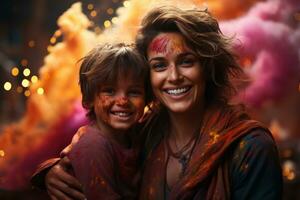 ai generato contento madre figlio holi baldoria, holi Festival Immagine Scarica foto