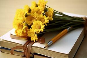 ai generato un' mazzo di giallo fiori e matite portando gioia per un' bianca ambientazione, educativo foto