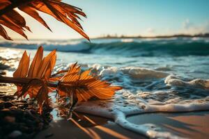 ai generato palma albero incorniciato di oceano onde e d'oro luce del sole, estate paesaggio Immagine foto