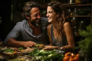 ai generato coppia gode un' cucinando classe pieno con gioia come essi imparare per preparare un' nuovo piatto, san valentino, incontri e amore proposta Immagine foto