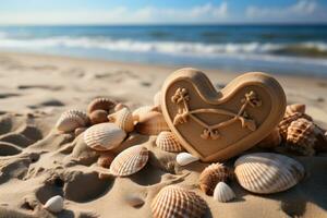 ai generato cuore sagomato biscotti in mezzo conchiglie e dolce onde su il spiaggia, san valentino, incontri e amore proposta Immagine foto