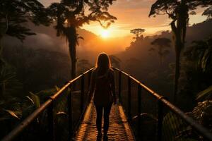 ai generato Alba spedizione esplorando baldacchino camminare nel foresta, Alba e tramonto sfondo foto