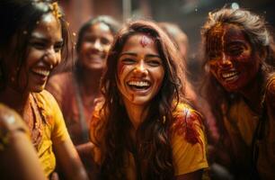 ai generato contento ragazze godendo feste con le persone, holi Festival Immagine Scarica foto