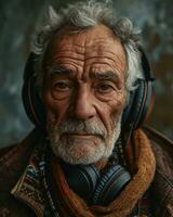 ai generato un' pensionato signore musica con cuffia, contento attivo gli anziani immagini foto