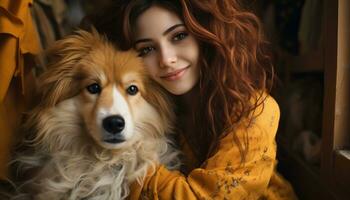 ai generato un' giovane ragazza abbracciare un' carino cane, animale domestico fotografia foto