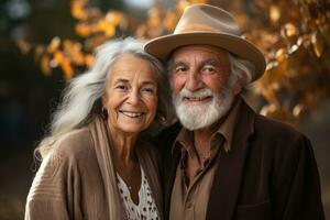 ai generato sorridente gli anziani nel il autunno incandescenza, attivo gli anziani stile di vita immagini foto