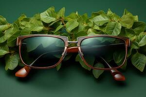 ai generato occhiali da sole catturare il riflessione di natura verde, partire verde immagini foto