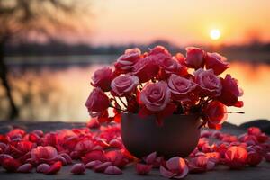 ai generato amore fioriture con rosso Rose contro il fondale di un' tranquillo, calmo Alba, san valentino, incontri e amore proposta Immagine foto