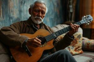 ai generato anziano uomo godendo musica giocando chitarra su il divano, attivo gli anziani stile di vita immagini foto