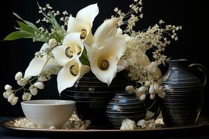 ai generato monocromatico capolavoro con calla gigli anemoni e orchidee, Fidanzamento, nozze e anniversario Immagine foto