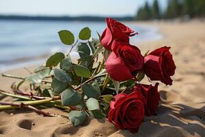 ai generato tranquillo spiaggia ambientazione ornato con appassionato rosso Rose e lappatura onde, san valentino, incontri e amore proposta Immagine foto