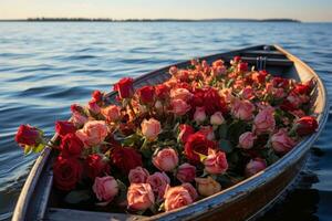 ai generato rosso Rose con grazia vela su calma acque, san valentino, incontri e amore proposta Immagine foto