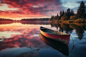 ai generato riflessione tranquillo, calmo lago e barca a remi a Alba, Alba e tramonto sfondo foto