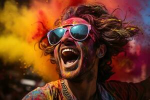 ai generato festa corna doccia holi colori e luccichio, holi Festival Immagine Scarica foto