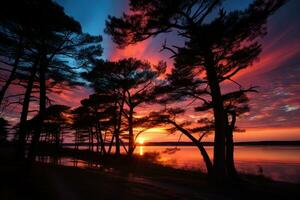 ai generato sera sagome alberi in mezzo vivido tramonto cielo, Alba e tramonto sfondo foto