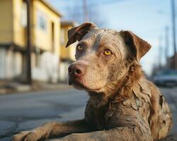 ai generato cane seduta su città strada, carino domestico animale domestico Immagine foto