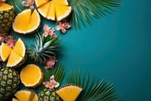 ai generato anguria noci di cocco ananas e giallo piazza su blu, estate stagione natura Immagine foto