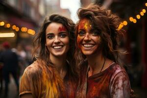 ai generato holi festivo gioia giovane donne diletto nel strada celebrazioni, holi Festival Immagine Scarica foto