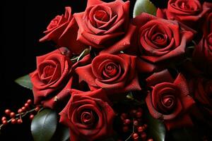 ai generato rosso Rose nel un' meravigliosamente disposte composizione, san valentino, incontri e amore proposta Immagine foto