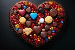 ai generato cuore sagomato cioccolatini disposte con un' giocoso smiley espressione, Fidanzamento, nozze e anniversario Immagine foto