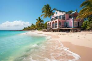 ai generato panoramico spiaggia Visualizza con elegante palma alberi e spiaggia Casa, migliore estate Immagine foto
