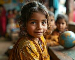 ai generato sorridente bambini esplorando geografia nel un' scuola ambientazione, diverso formazione scolastica e insegnanti giorno Immagine foto