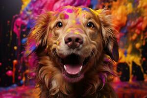 ai generato animale domestico deliziante nel sicuro e vivace holi colori, holi Festival Immagine Scarica foto