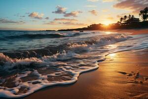 ai generato spiaggia inondato nel dolce Alba onde, Alba e tramonto sfondo foto