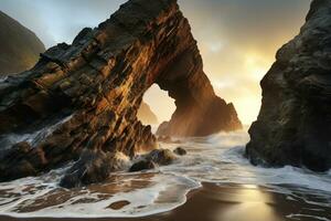 ai generato onde su costiero roccia formazione, Alba e tramonto sfondo foto