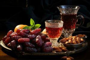 ai generato indulgere nel il Perfetto combinazione di date e autentico multaqwa Arabo bere, eid e Ramadan immagini foto