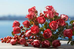 ai generato il bellezza di amore catturato nel rosso Rose contro un' tranquillo cielo, san valentino, incontri e amore proposta Immagine foto