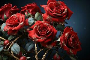 ai generato rosso Rose e d'oro ricordi intrecciata insieme, san valentino, incontri e amore proposta Immagine foto