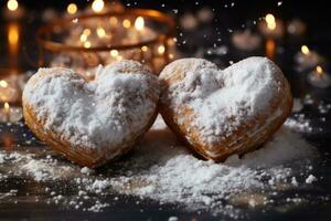 ai generato cuore biscotti nel un' studio ambientazione catturato nel un' in polvere zucchero tempesta di neve, Fidanzamento, nozze e anniversario Immagine foto