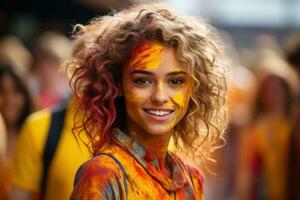 ai generato attraente ragazza immersa nel holi giocoso colori, holi Festival Immagine Scarica foto